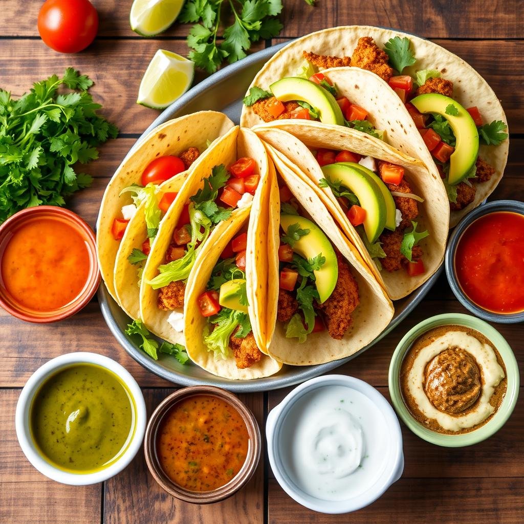 spicy chicken tacos with dipping sauces