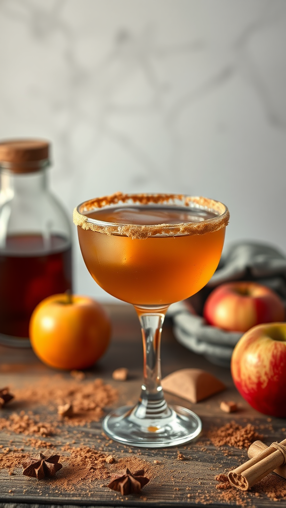 A beautiful cocktail in a glass rimmed with graham cracker crumbs, surrounded by fresh apples and spices.