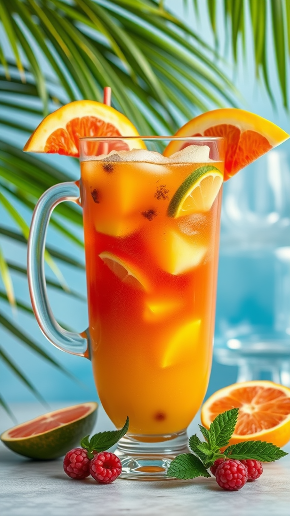 A vibrant tropical rum punch in a glass, garnished with fruit slices and mint.
