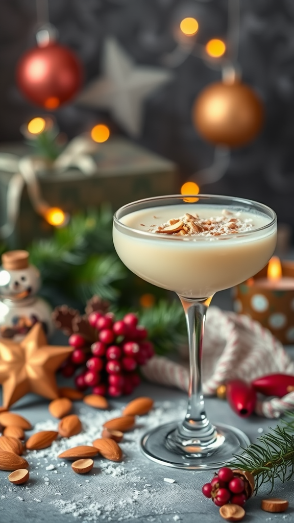 A creamy cocktail garnished with chopped almonds and coconut, surrounded by holiday decorations.