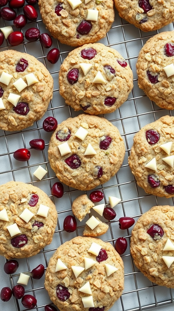 Tray of freshly baked White Chocolate Cranberry Oatmeal Cookies with cranberries and white chocolate pieces.