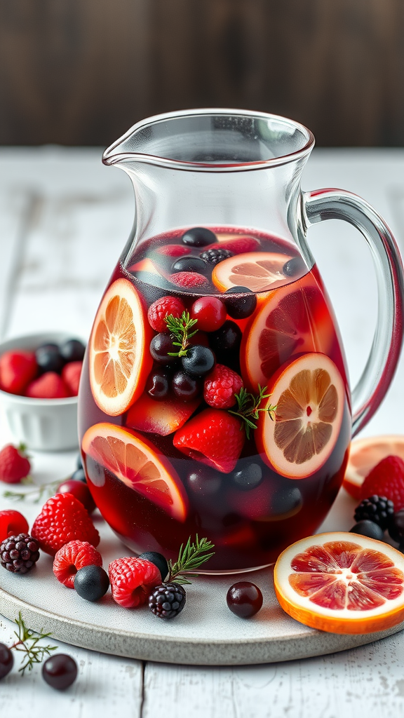 A pitcher of vibrant Winter Berry Sangria filled with fresh berries and citrus slices.
