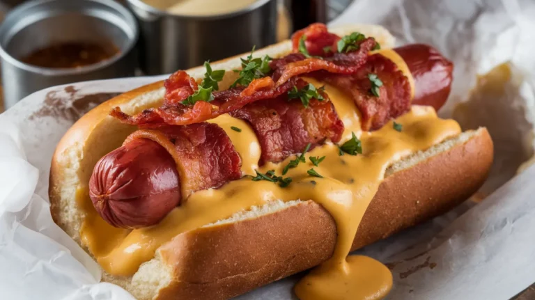Bacon-Wrapped Hot Dogs with Creamy Cheese Sauce