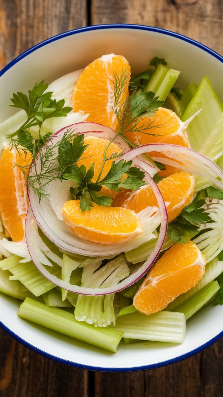 Refreshing Celery and Orange Salad with Fennel and Red Onion A colorful Celery and Orange Salad with fennel and red onion in a bowl, drizzled with Champagne vinaigrette on a rustic wooden table.