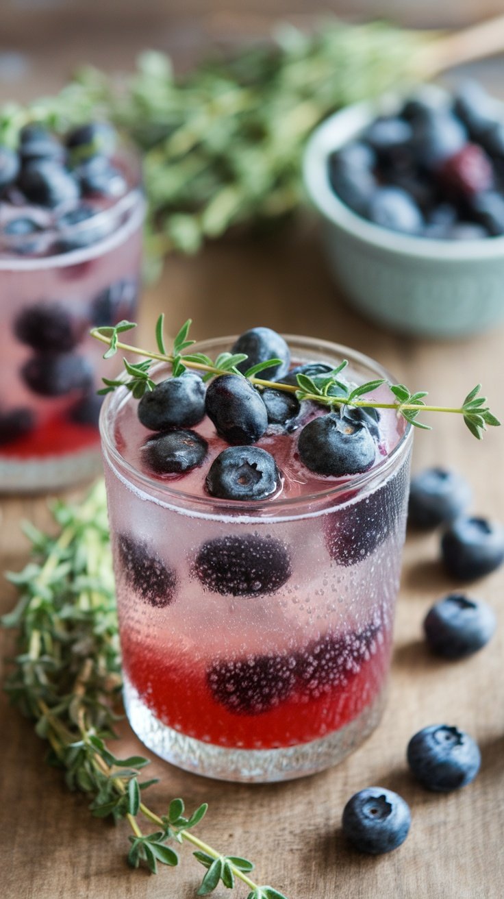 Refreshing Blueberry Thyme Smash Cocktail A refreshing blueberry thyme cocktail in a glass, garnished with thyme and blueberries, on a wooden table.