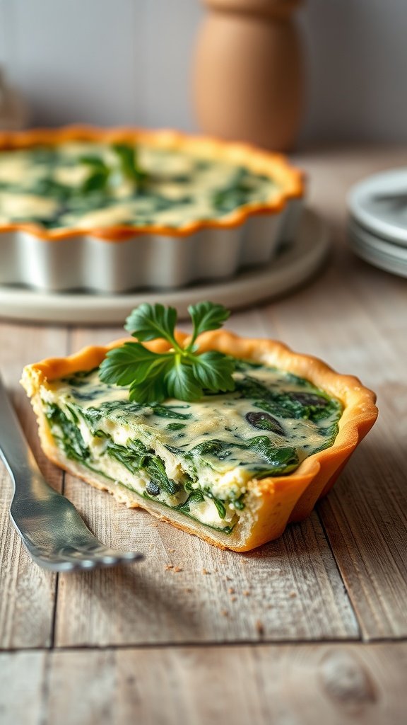 Savory Cottage Cheese and Spinach Quiche A slice of cottage cheese and spinach quiche with a flaky crust, topped with parsley, on a rustic table.