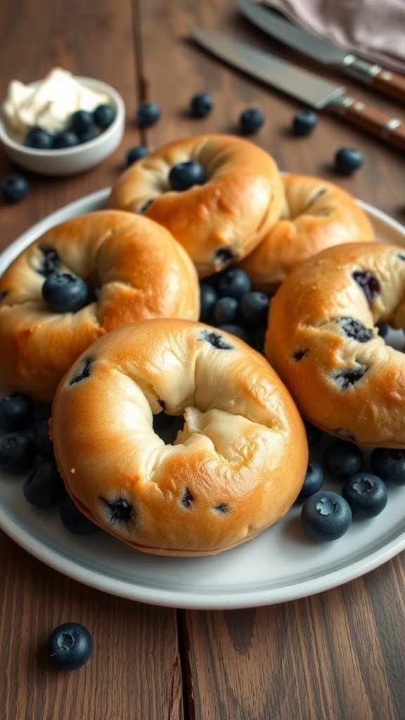 Freshly baked blueberry protein bagels on a rustic plate, served with cream cheese and blueberries.