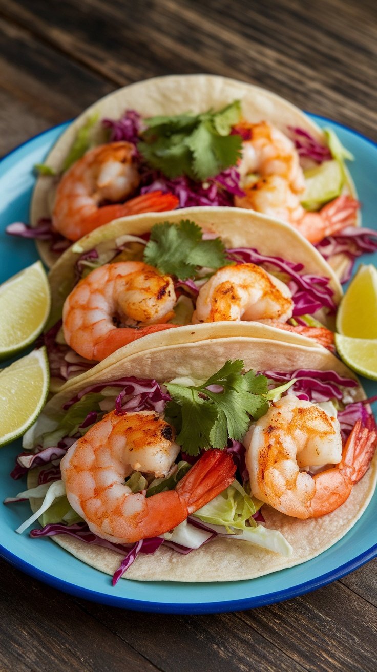 Zesty Grilled Shrimp Tacos with Cabbage Slaw Colorful grilled shrimp tacos with cabbage slaw, garnished with lime on a rustic wooden table.