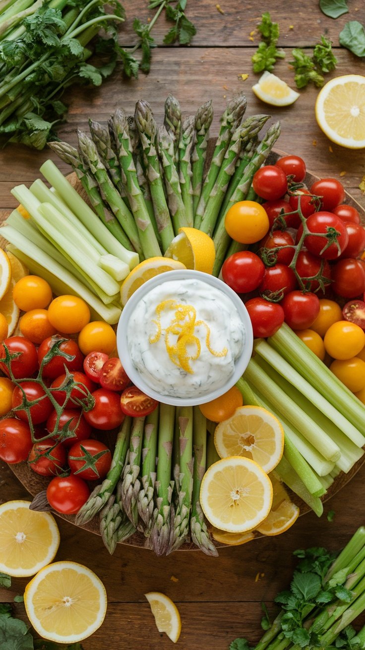 Fresh Spring Veggie Board with Zesty Lemon-Yogurt Dip A colorful spring veggie board with asparagus, cherry tomatoes, celery, and lemon-yogurt dip on a wooden table.