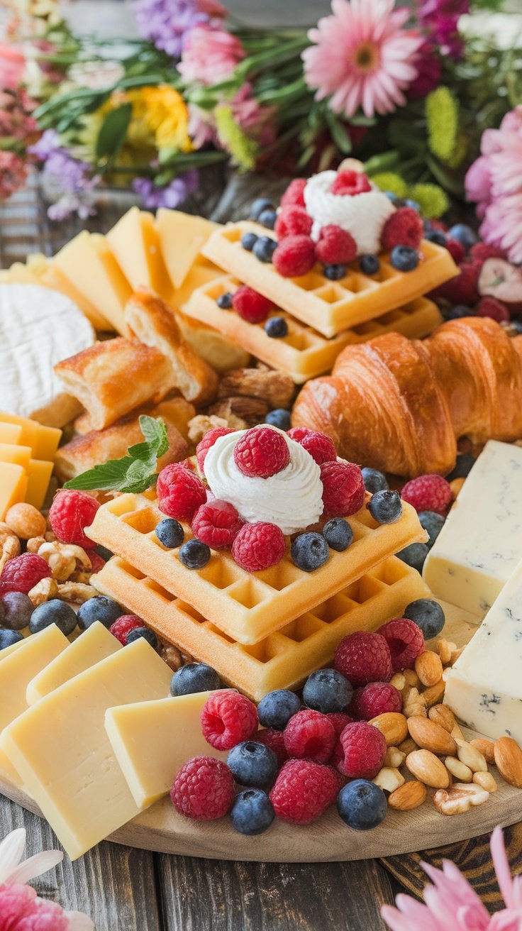 Delightful Spring Brunch Charcuterie Board with Waffles & Croissants A colorful charcuterie board for spring brunch with waffles, croissants, fresh fruits, and cheeses.