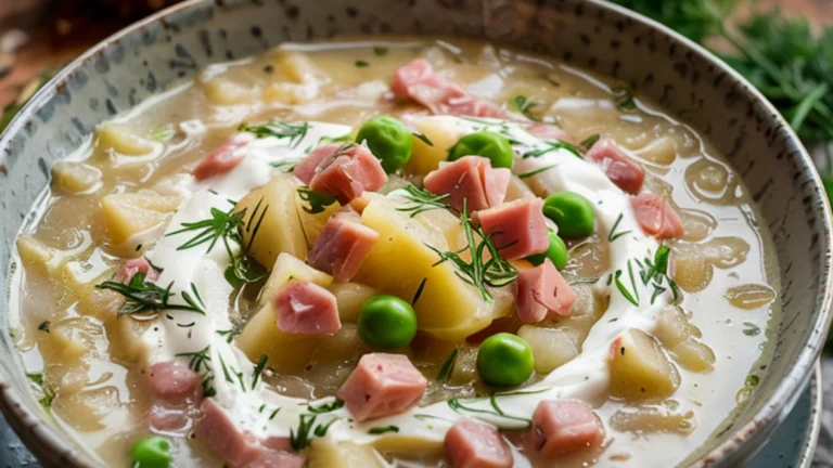 Creamy Potato & Onion Soup with Ham, Peas & Dill