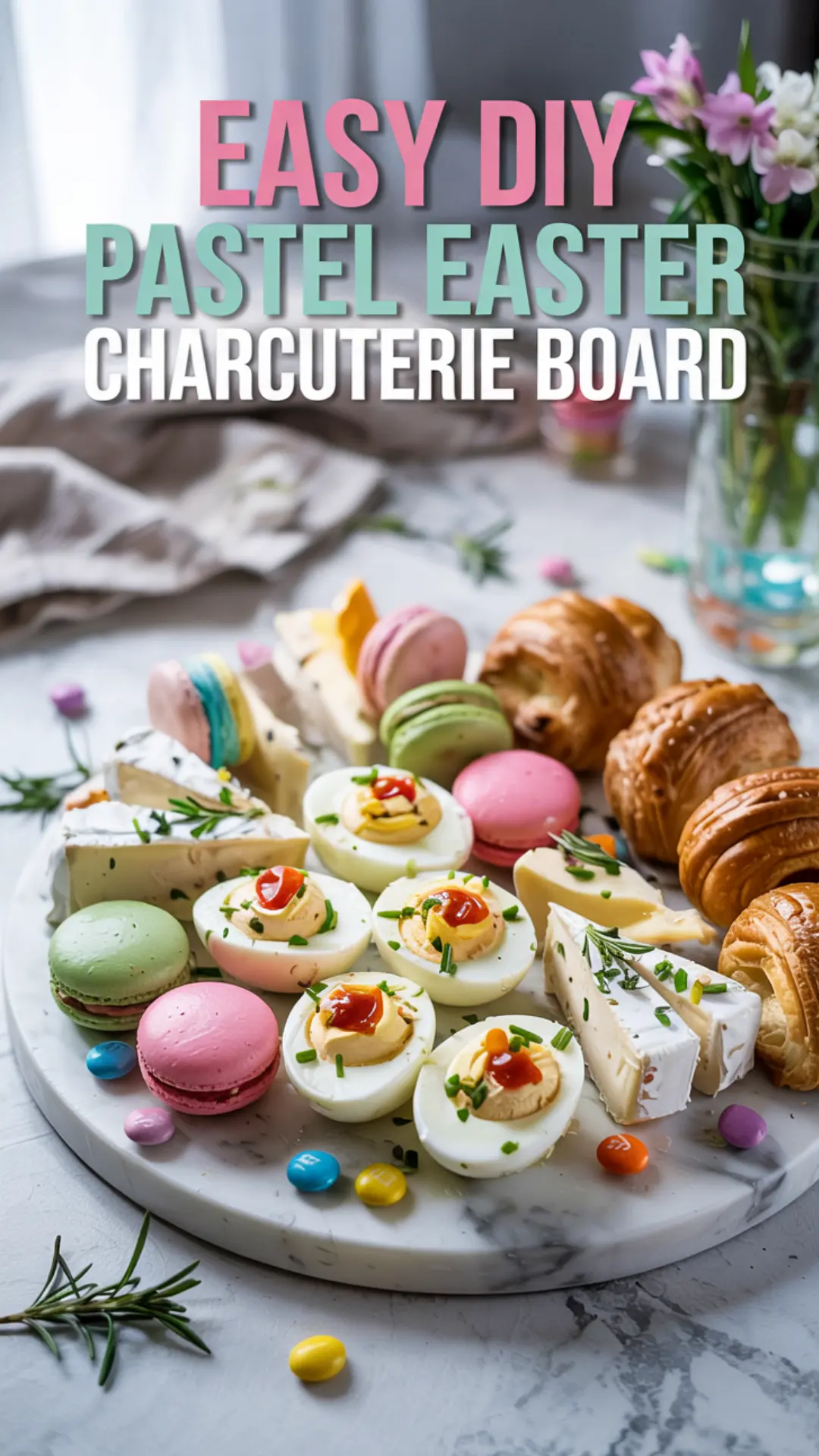 Festive Pastel Easter Board with Deviled Eggs & Macarons