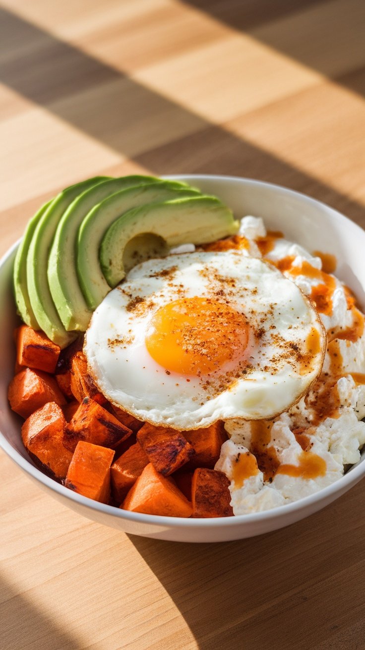 Savory Breakfast Bowl with Cottage Cheese, Sweet Potato & Egg A hearty breakfast bowl with sweet potatoes, cottage cheese, avocado, and egg, garnished with bagel seasoning and hot sauce.