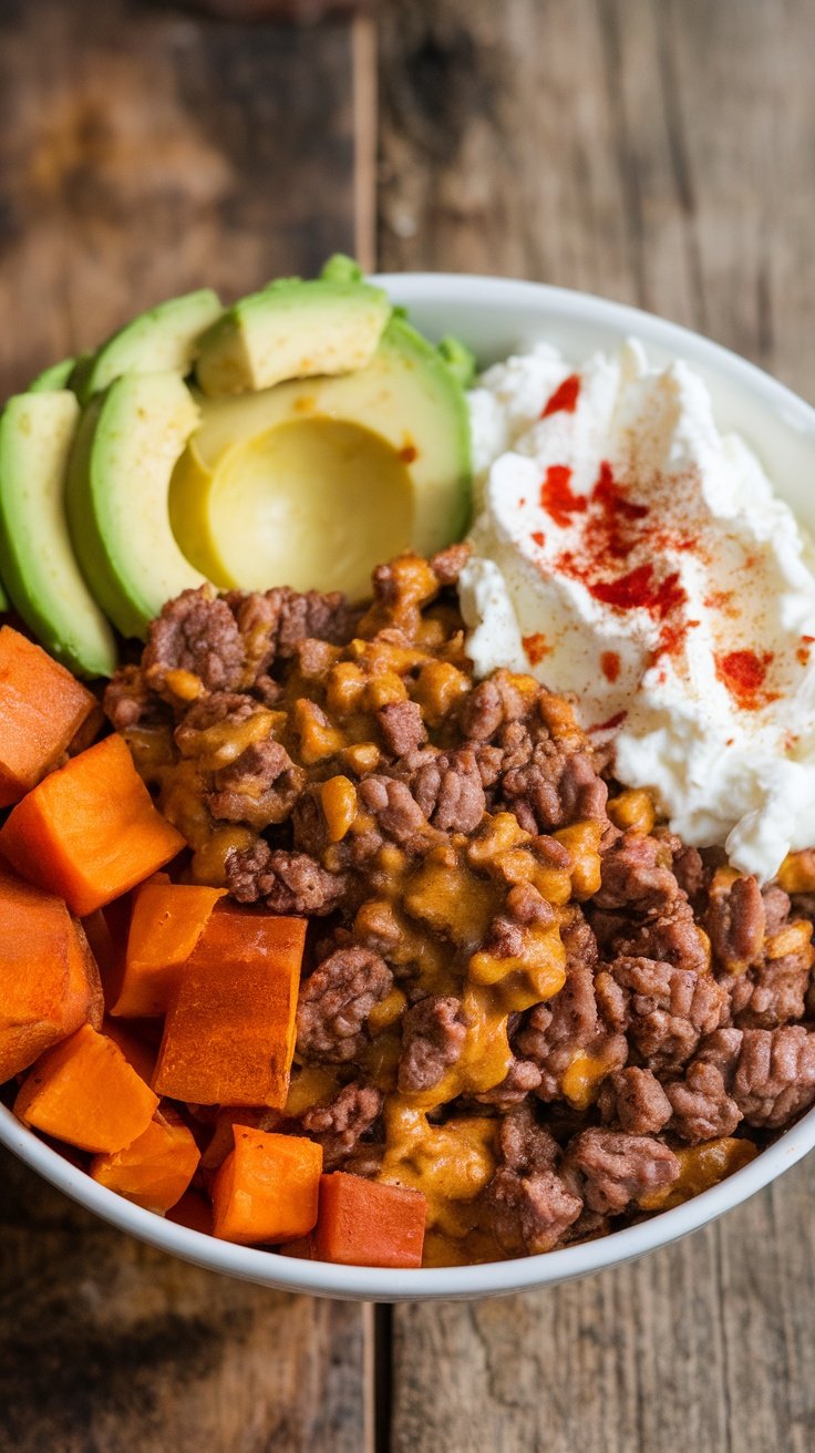 Maple Mustard Beef Bowl with Cottage Cheese and Sweet Potatoes A hearty maple mustard beef bowl with sweet potatoes, cottage cheese, and avocado.