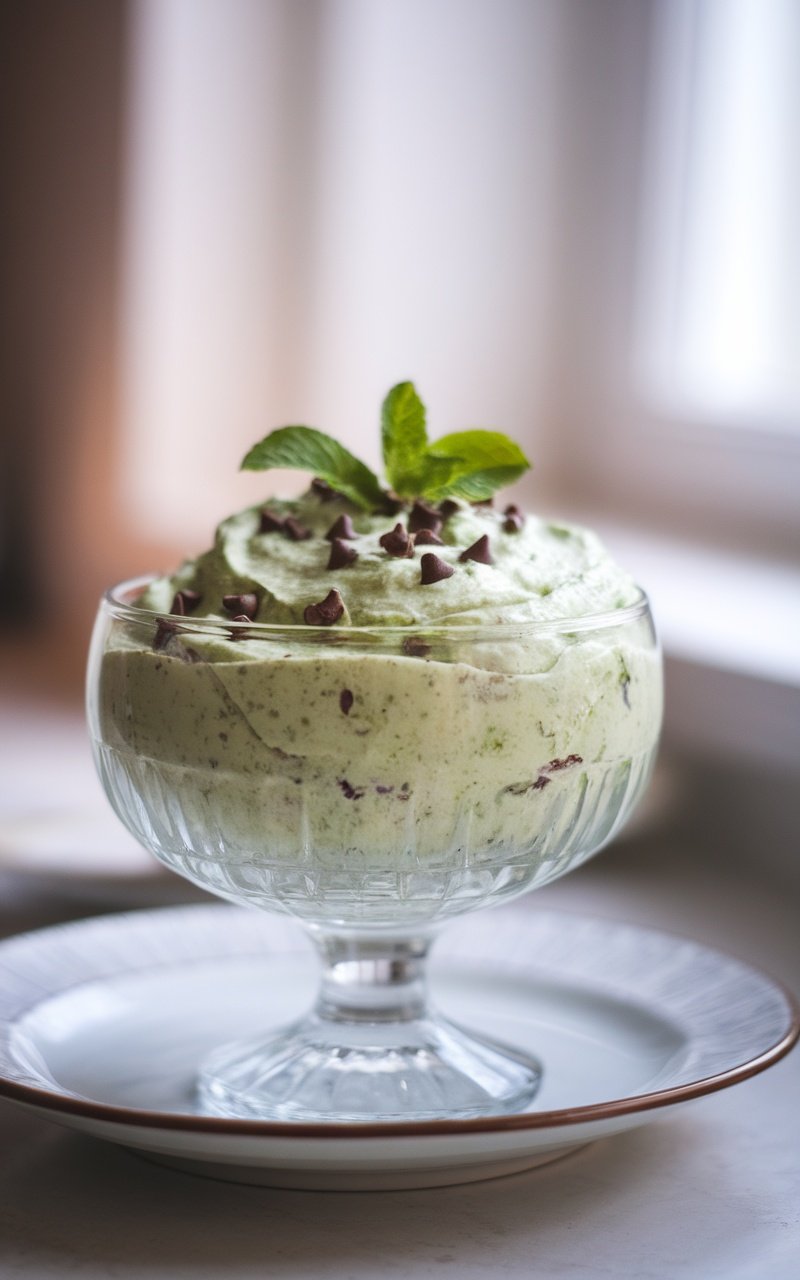 Refreshing Mint Chocolate Chip Cottage Cheese Mousse Mint Chocolate Chip Cottage Cheese Mousse in a glass bowl, garnished with mint leaves and chocolate chips.