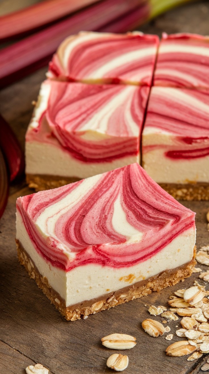 Decadent Rhubarb Cheesecake Bars with a Swirl Rhubarb cheesecake bars with a creamy filling and oat-almond crust, garnished with fresh rhubarb on a wooden table.