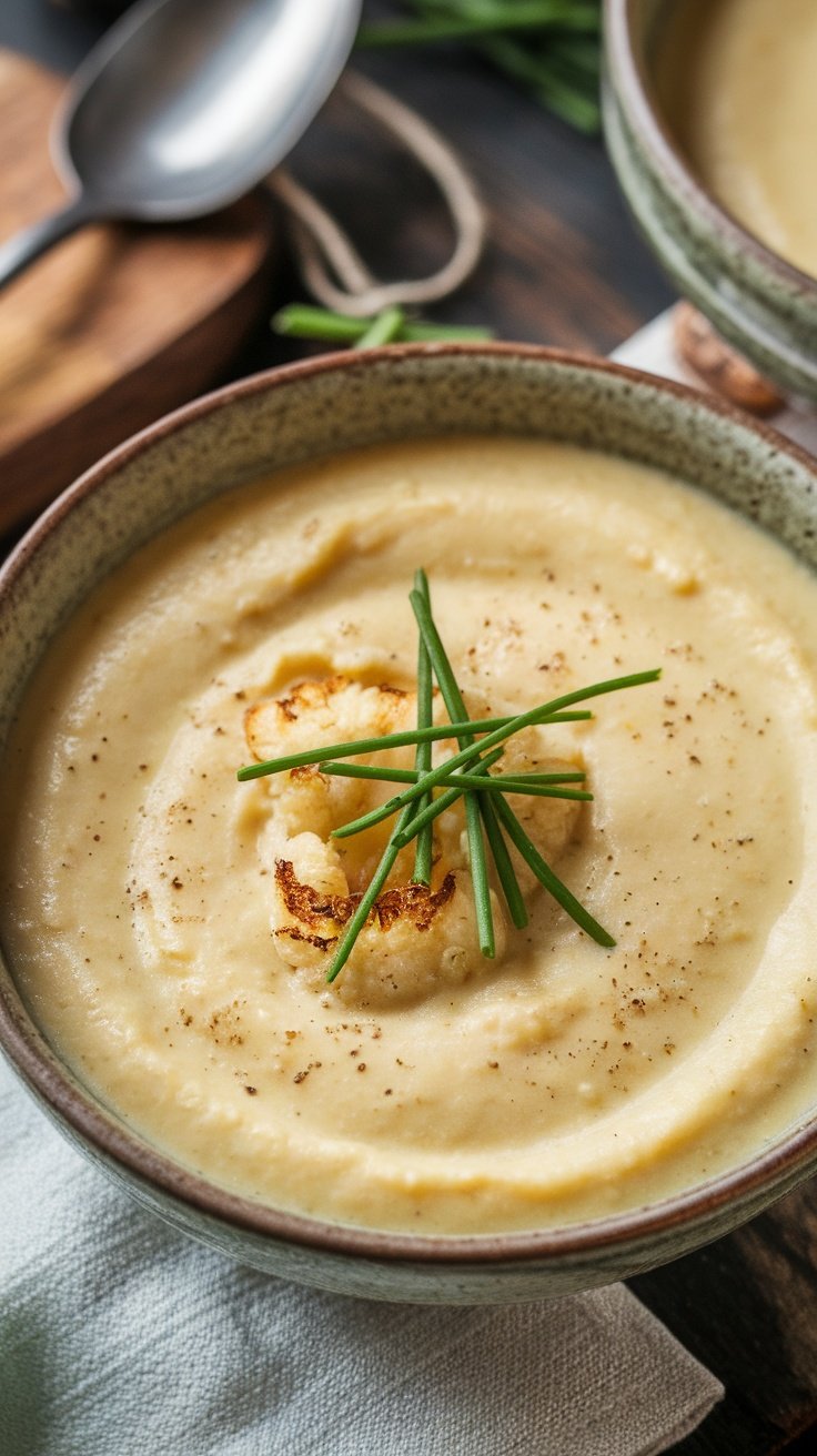 Creamy Roasted Cauliflower and Spring Garlic Soup Creamy roasted cauliflower and spring garlic soup garnished with chives in a rustic bowl on a wooden table.