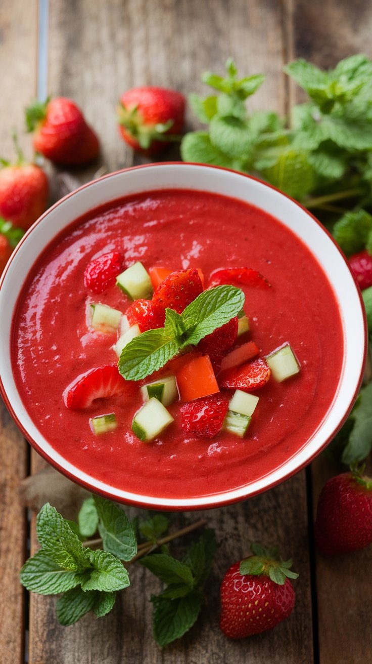 Refreshing Strawberry Gazpacho Recipe Chilled strawberry gazpacho in a bowl, garnished with mint, surrounded by strawberries on a wooden table.
