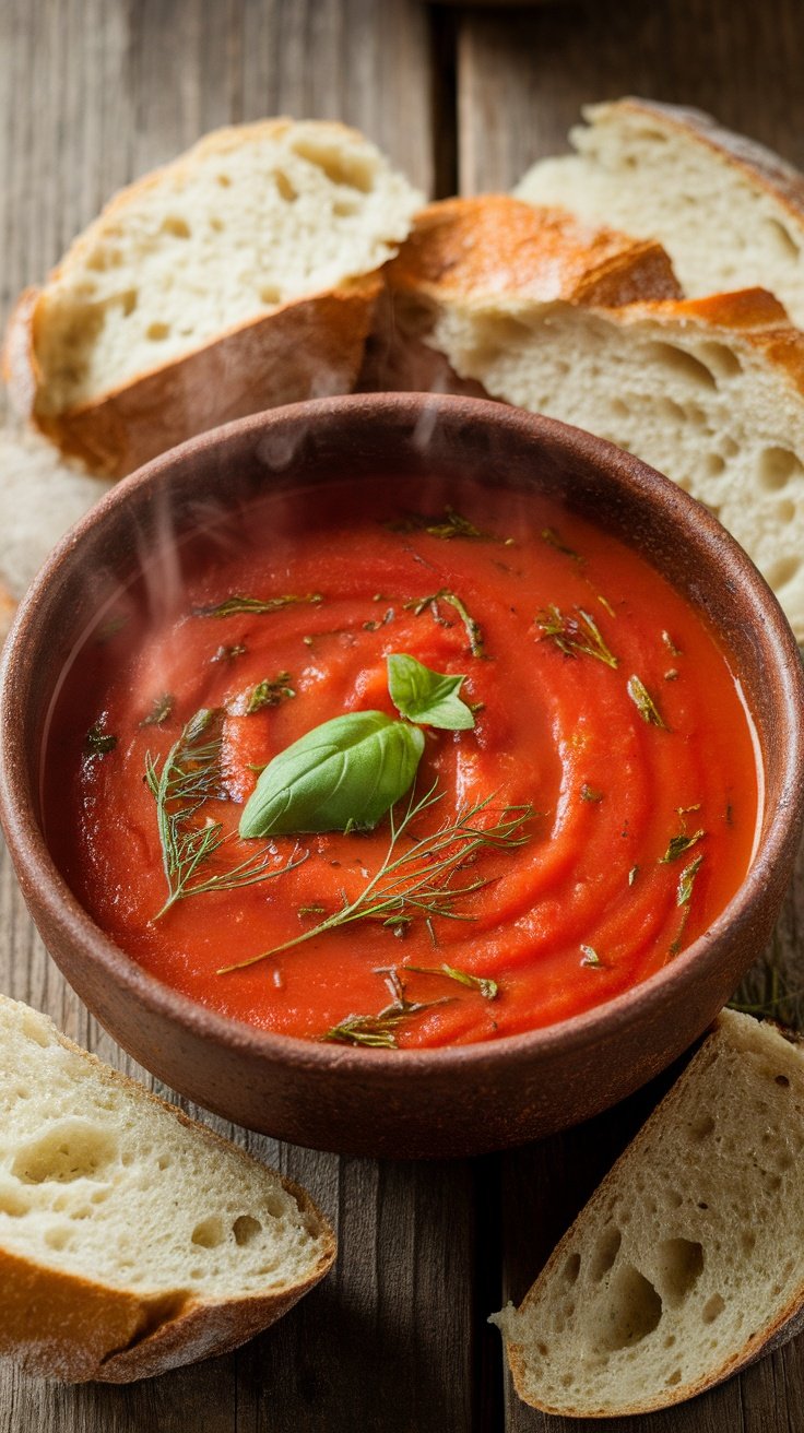 Savory Tomato and Fennel Soup Recipe A bowl of Tomato and Fennel Soup with fennel fronds and bread on a wooden table.