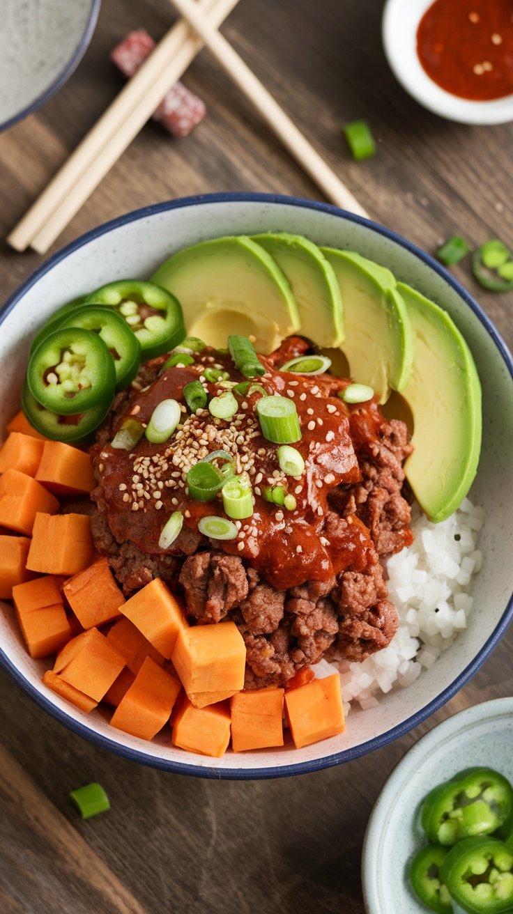 A delicious Gochujang Beef Bowl with beef, sweet potato, avocado, and pickled cucumbers, garnished with sesame seeds and green onions.