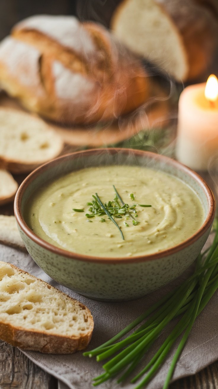 A bowl of creamy chive and potato soup garnished with chives, served with crusty bread on a wooden table.