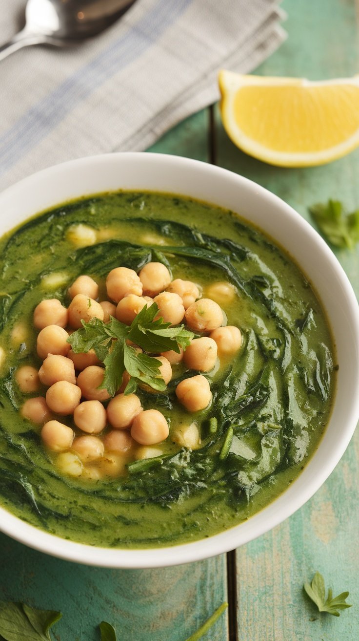 A bowl of Lemony Chickpea and Spinach Soup with chickpeas and spinach, garnished with parsley and a lemon wedge on a wooden table.
