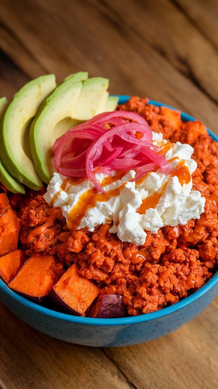 A colorful beef bowl with roasted sweet potatoes, buffalo beef, cottage cheese, avocado, and pickled red onions.
