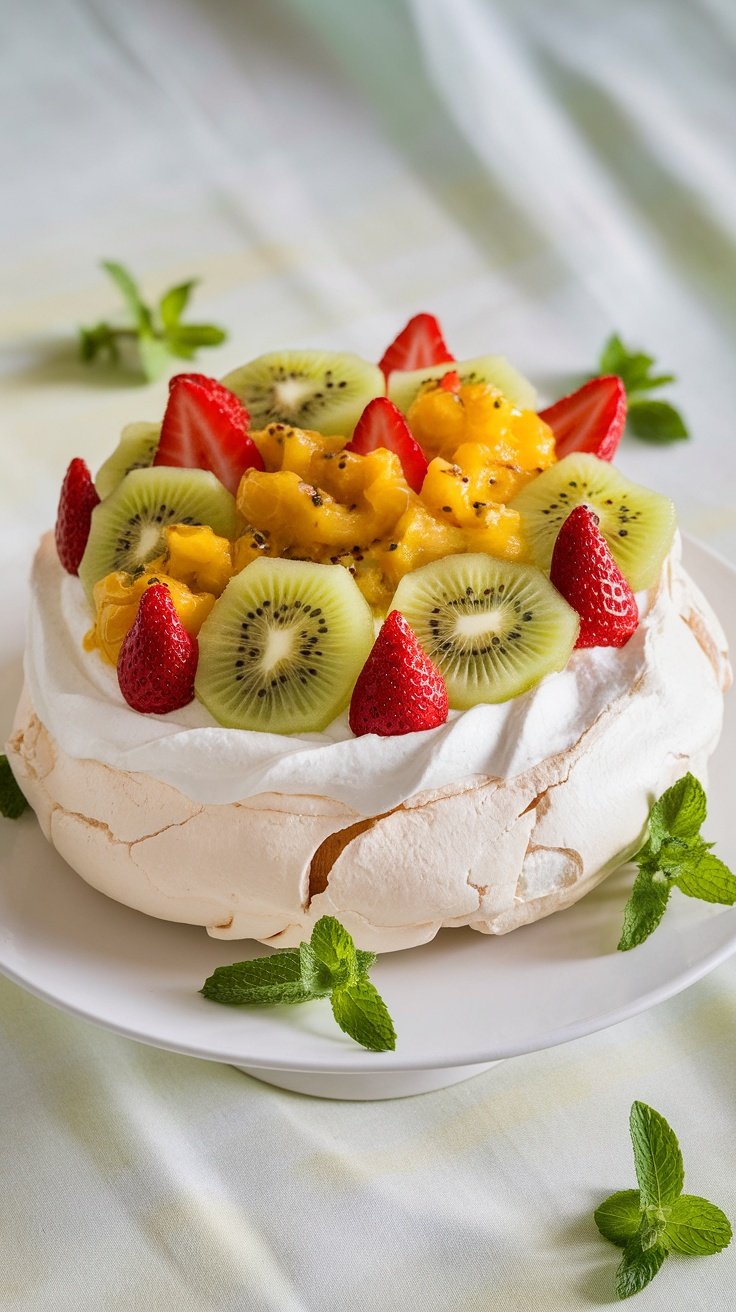 Delicious Pavlova with Kiwi, Strawberries & Passion Fruit A beautifully decorated Pavlova with kiwi, strawberries, and passion fruit on a white plate, showcasing a light and airy dessert.
