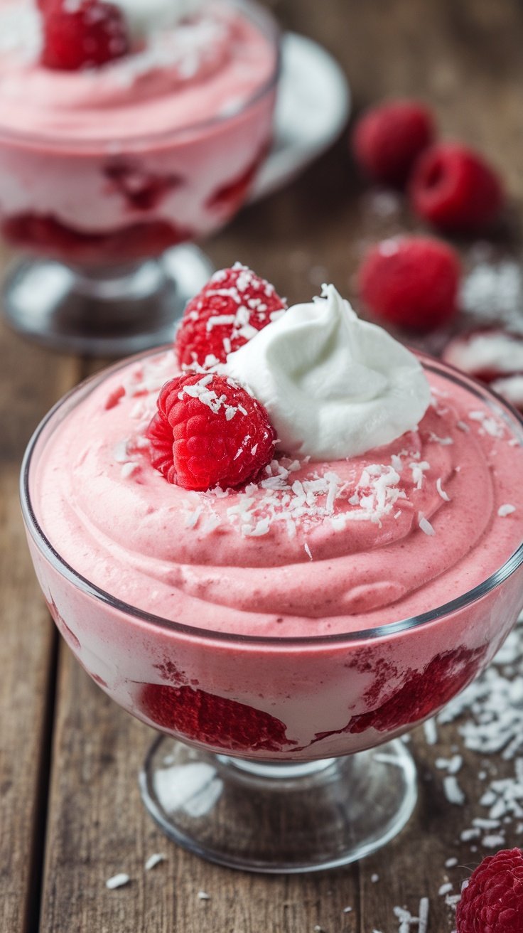 Creamy Raspberry Coconut Cottage Cheese Mousse A bowl of raspberry coconut cottage cheese mousse topped with raspberries and whipped cream on a rustic table.