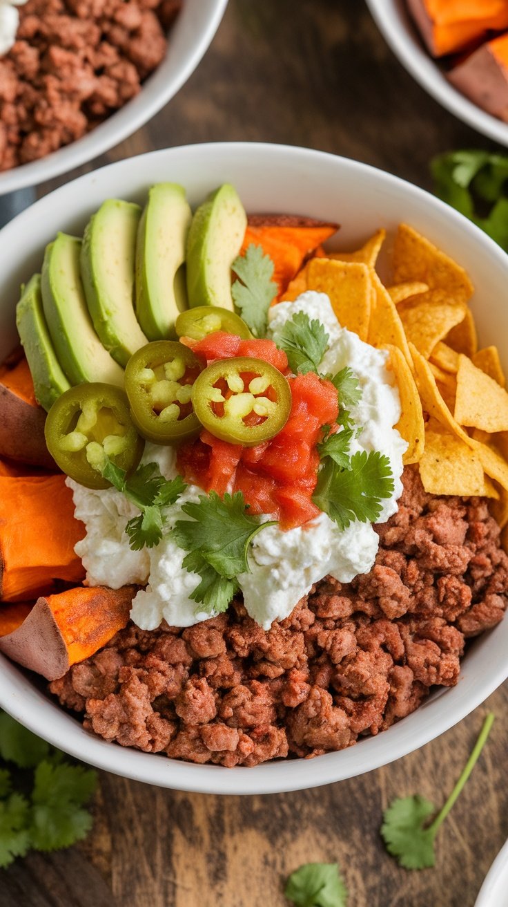 A colorful nacho cheese sweet potato beef bowl with sweet potatoes, ground beef, cottage cheese, avocado, and crunchy tortilla chips on a rustic table.