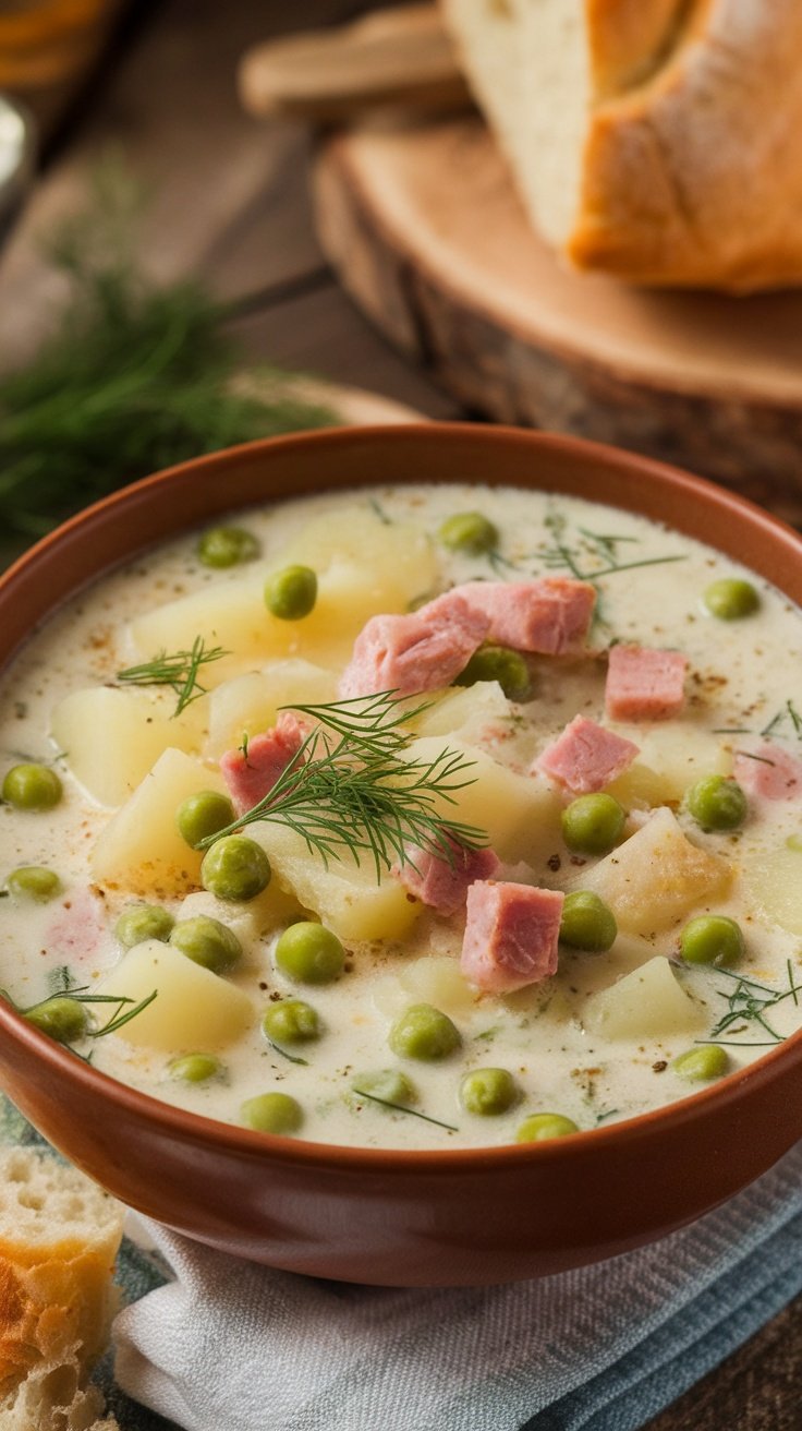 Hearty Potato & Onion Soup with Ham, Peas and Dill A bowl of creamy Potato & Onion Soup with Ham, Peas, and Dill, garnished with dill, on a rustic table with crusty bread.