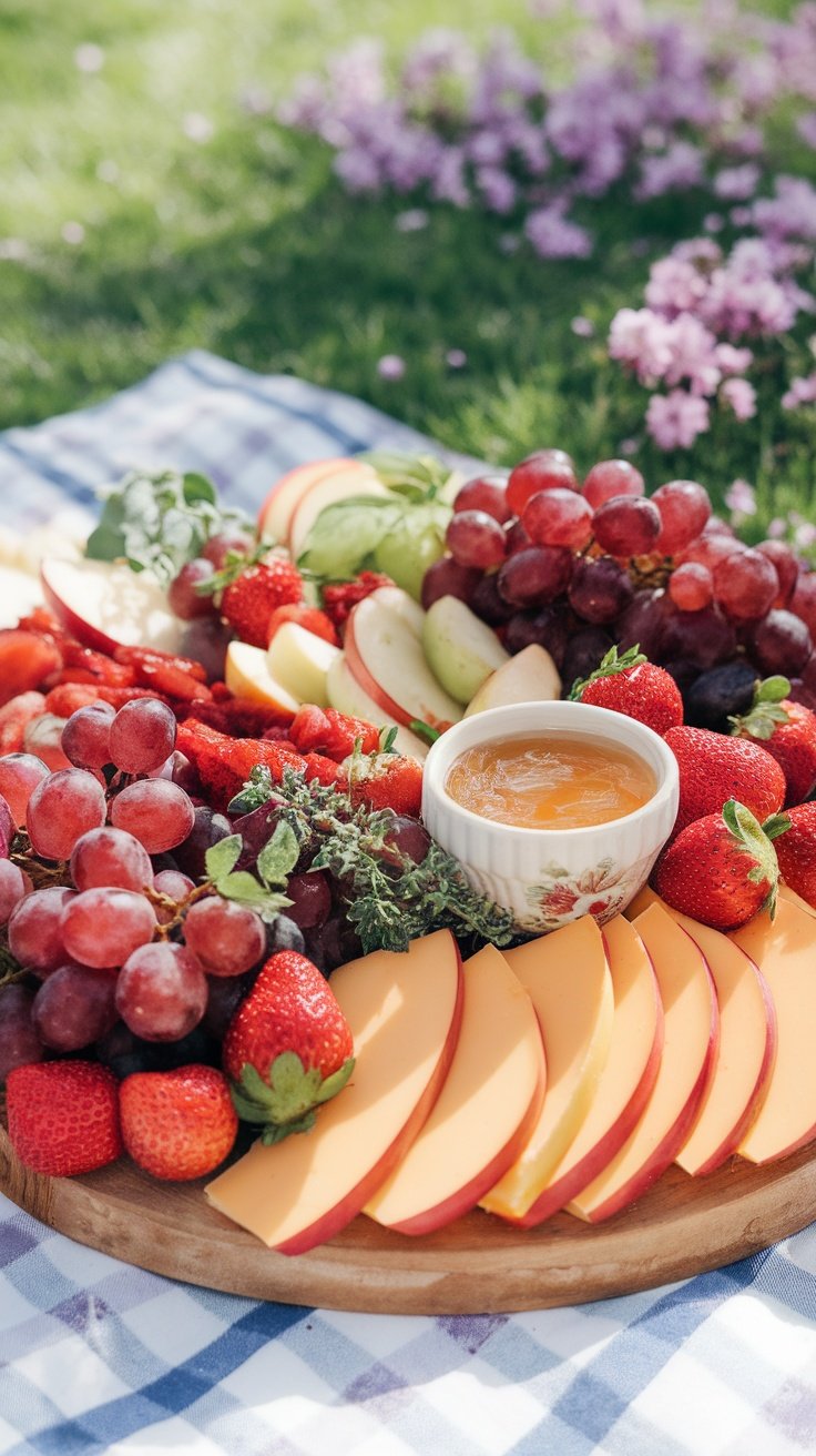 Vibrant Spring Picnic Charcuterie Board with Fruit & Cheddar A colorful Spring Picnic Charcuterie Board with fruits, cheddar cheese, nuts, and honey, set on a picnic blanket.