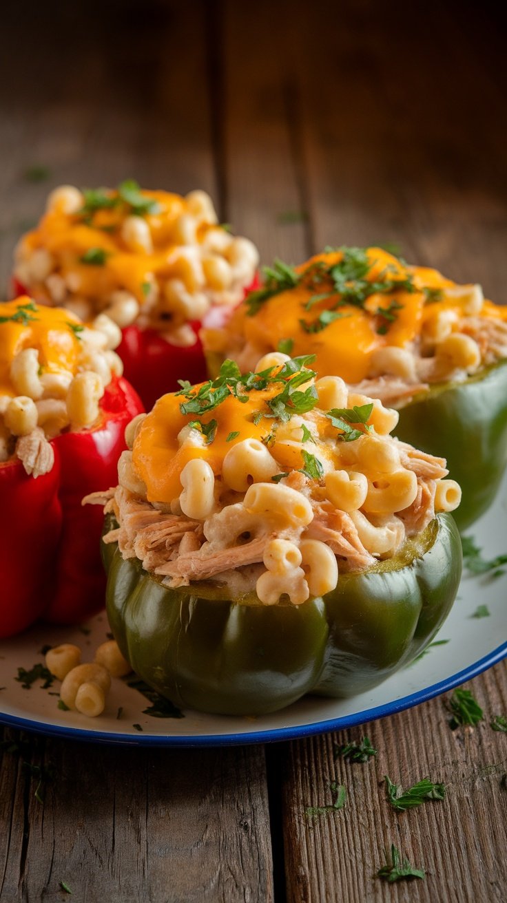 Delicious Chicken & Mac ‘n’ Cheese Stuffed Bell Peppers Colorful stuffed bell peppers filled with macaroni and cheese, chicken, and topped with melted cheese, garnished with parsley.
