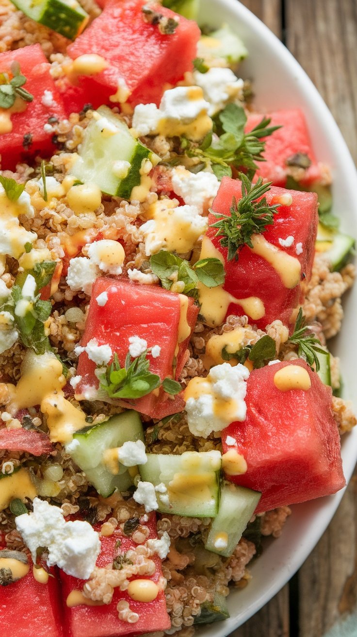 Refreshing Watermelon Quinoa Salad with Feta and Lemon Vinaigrette A colorful watermelon quinoa salad with feta and herbs in a bowl on a wooden table.