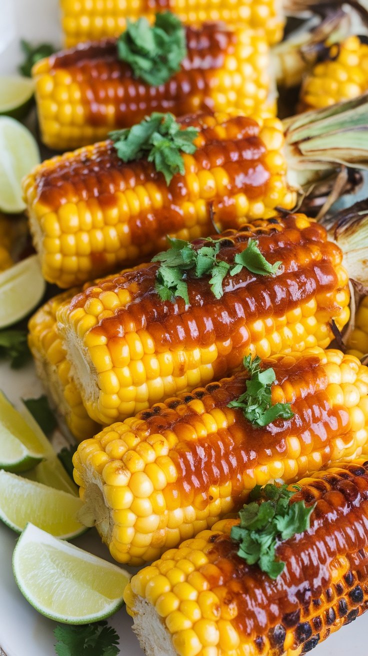 Grilled Pineapple Chili Glazed Corn on the Cob Grilled corn on the cob glazed with pineapple chili sauce, garnished with cilantro and lime wedges.