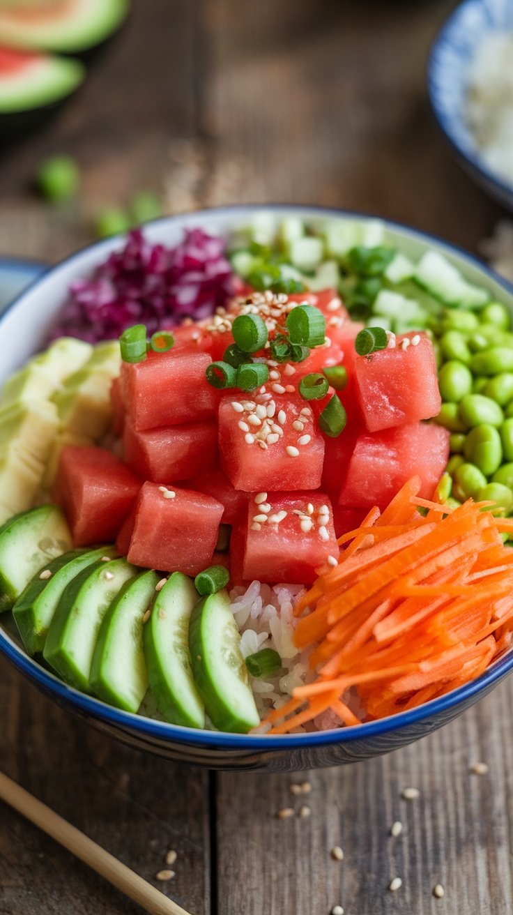 Refreshing Watermelon Poke Bowl with Soy-Sesame Marinade A vibrant watermelon poke bowl with watermelon, avocado, cucumber, and edamame on sushi rice, garnished with green onion and sesame seeds.