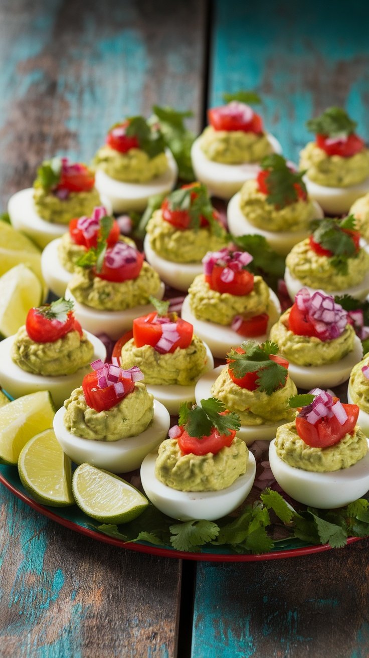 Guacamole Deviled Eggs with Avocado and Fresh Ingredients A colorful arrangement of Guacamole Deviled Eggs filled with avocado and garnished with tomatoes, red onions, and cilantro on a rustic table.