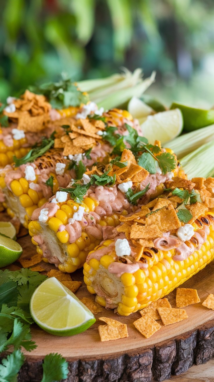 Smoky Chipotle Mayo Corn on the Cob Grilled corn on the cob with smoky chipotle mayo, topped with crushed tortilla chips and cheese, on a wooden platter.