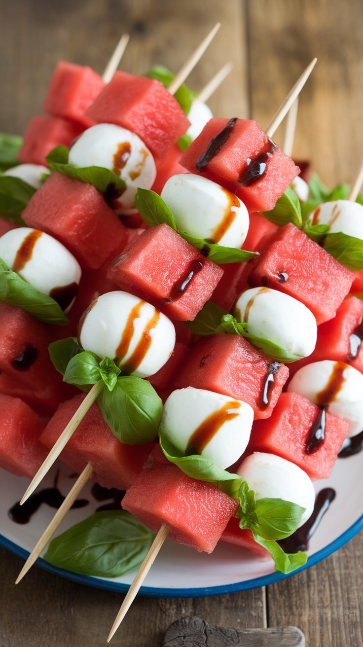 Refreshing Watermelon Caprese Skewers Recipe A colorful display of Watermelon Caprese Skewers with watermelon, mozzarella, and basil drizzled with balsamic glaze.