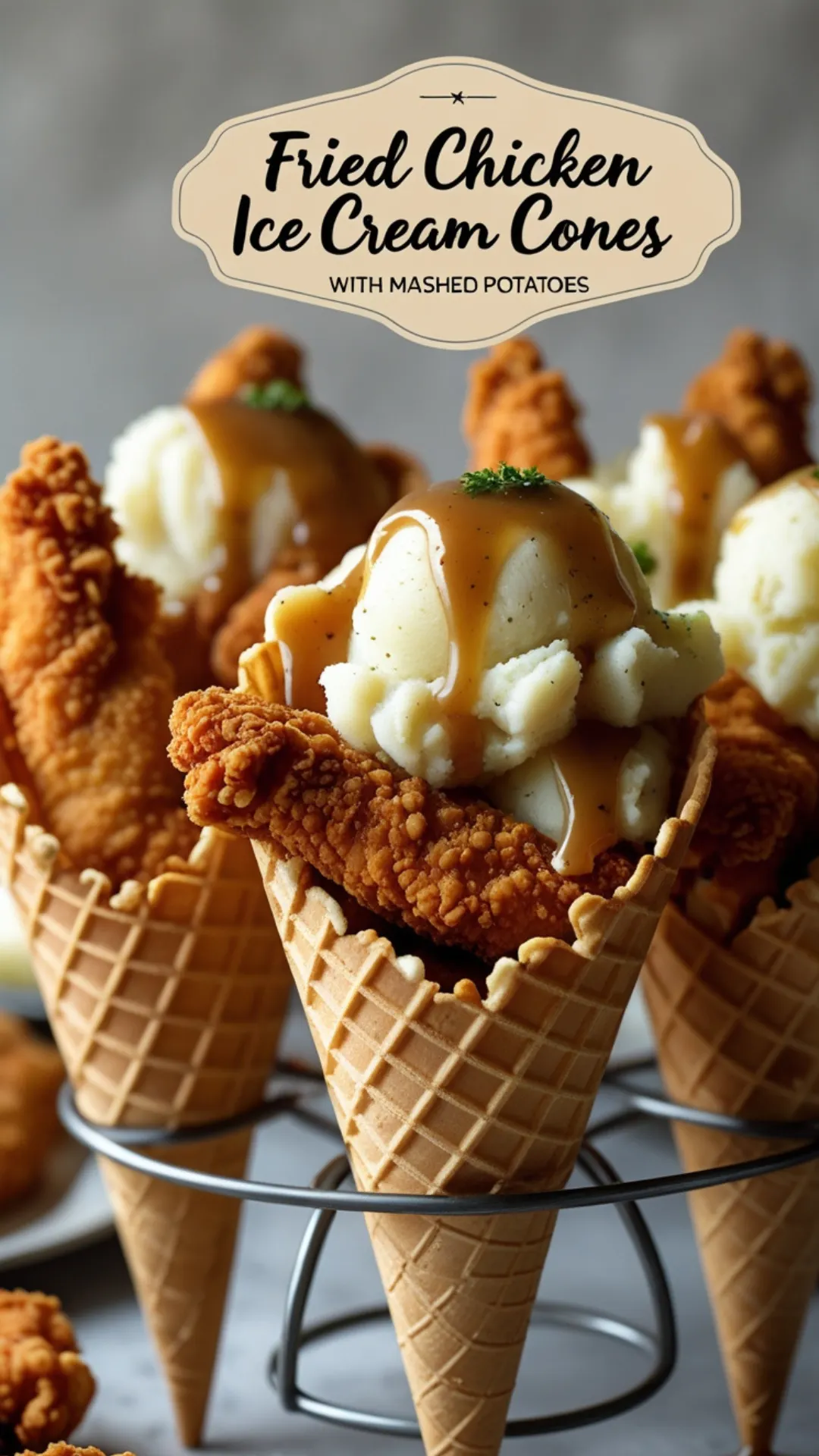 Fried Chicken Ice Cream Cones with Mashed Potato & Gravy