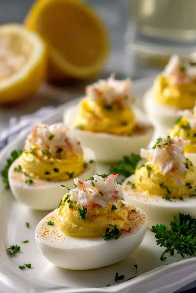 Delicious Crab Deviled Eggs with Old Bay & Lemon Zest