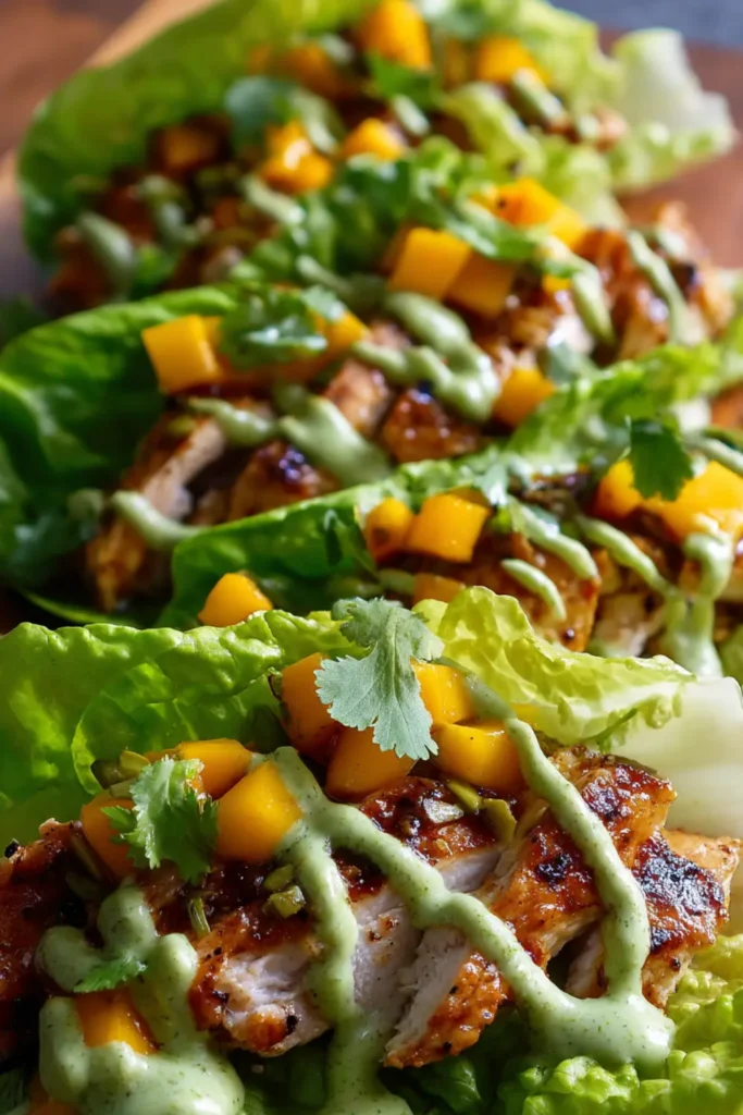 Spicy Mango Habanero Chicken Lettuce Wraps Mango Habanero Chicken Lettuce Wraps with Avocado Crema