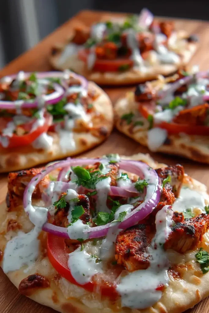 Tandoori Chicken Pizza on Naan with Raita Drizzle Tandoori Chicken Pizza on Naan for the Grill