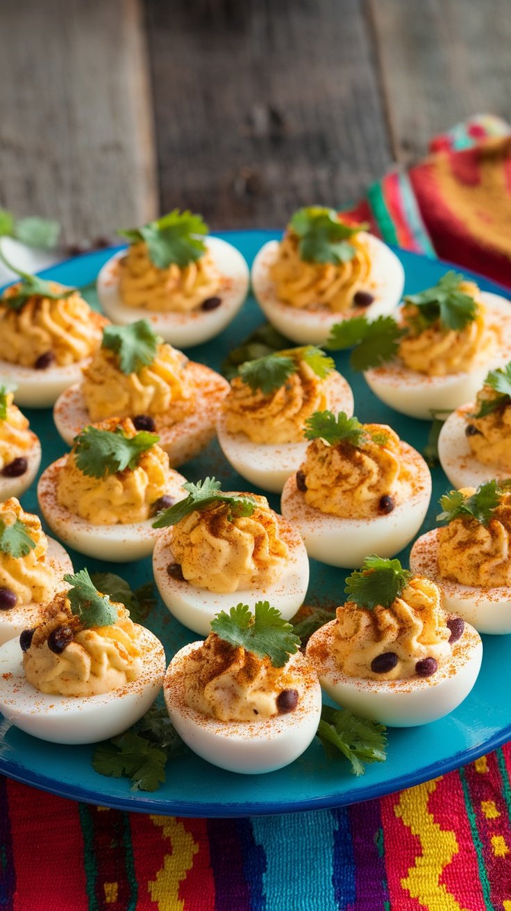 Zesty Tex-Mex Deviled Eggs Recipe Tex-Mex Deviled Eggs filled with creamy mixture of eggs, mayonnaise, black beans, and corn, garnished with cilantro and chili powder.