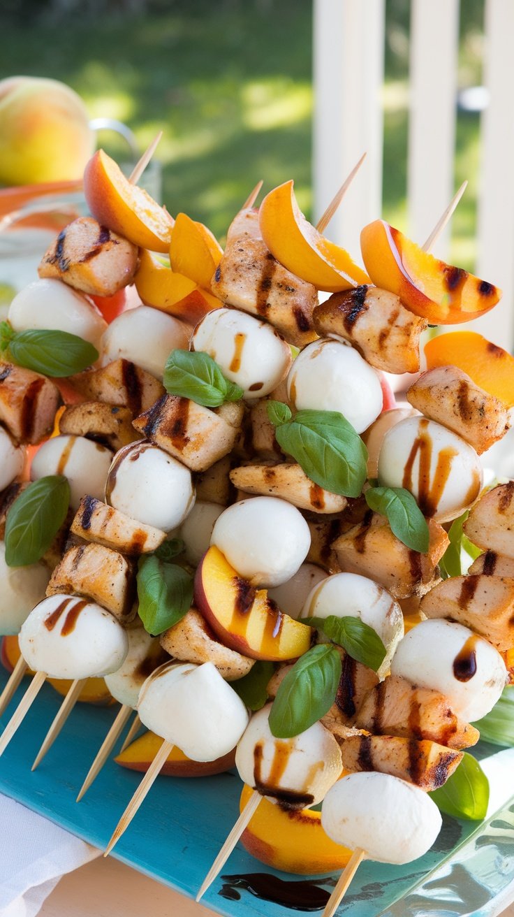 Colorful skewers of grilled chicken, peaches, and mozzarella drizzled with balsamic glaze, garnished with basil leaves.