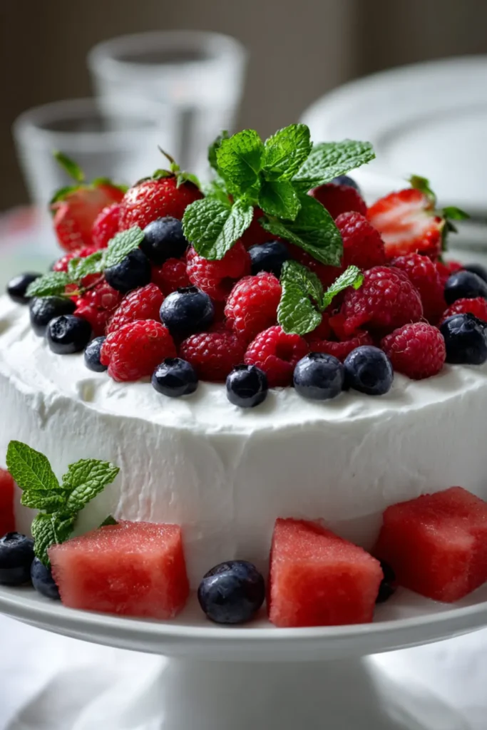 Refreshing Watermelon Cake with Whipped Cream and Fresh Berries Watermelon Cake with Whipped Cream and Berries