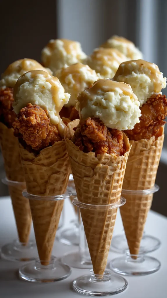 Fried Chicken Ice Cream Cones with Mashed Potato & Gravy Fried Chicken Ice Cream Cones with Mashed Potatoes