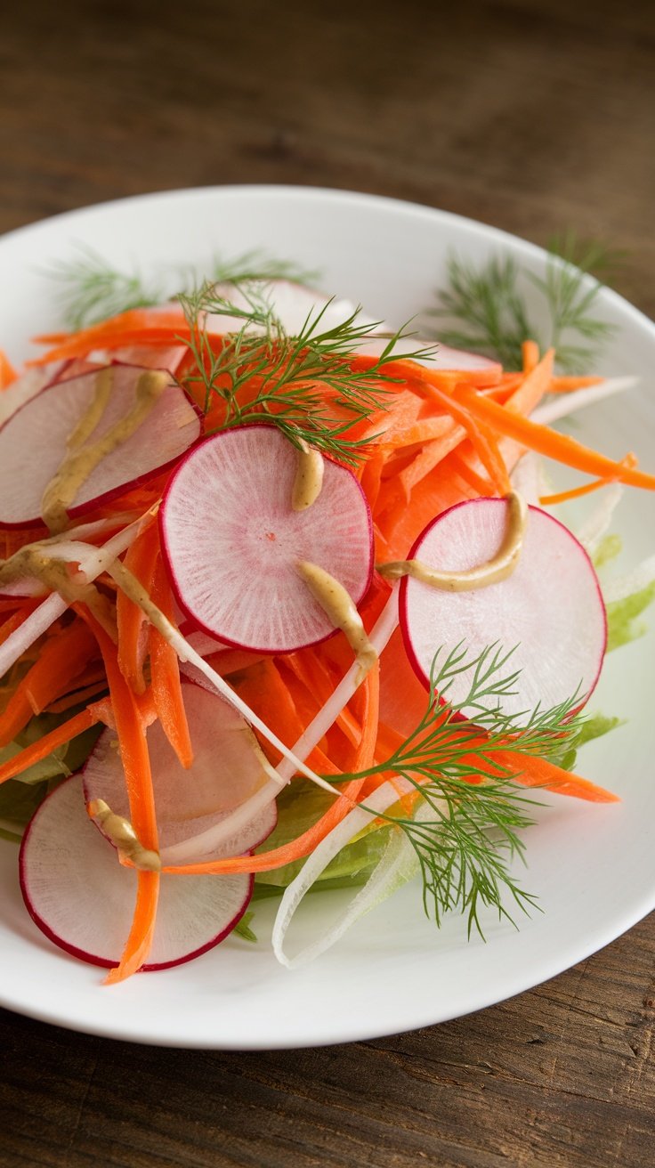 Shaved Carrot and Radish Salad with Dill and Dijon Dressing A fresh salad of shaved carrots and radishes with dill dressing on a rustic wooden table.