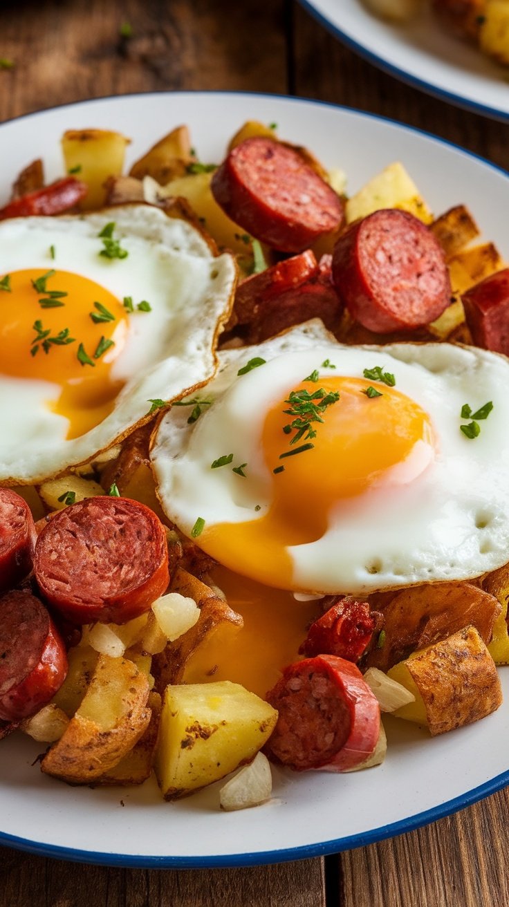 Crispy Kielbasa and Potato Hash with Runny Eggs Crispy kielbasa and potato hash with runny eggs, garnished with parsley, served on a rustic wooden table.
