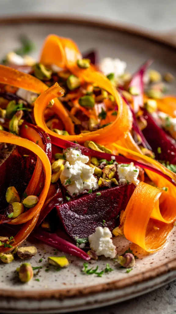 Carrot Ribbon and Beet Salad with Goat Cheese and Pistachios